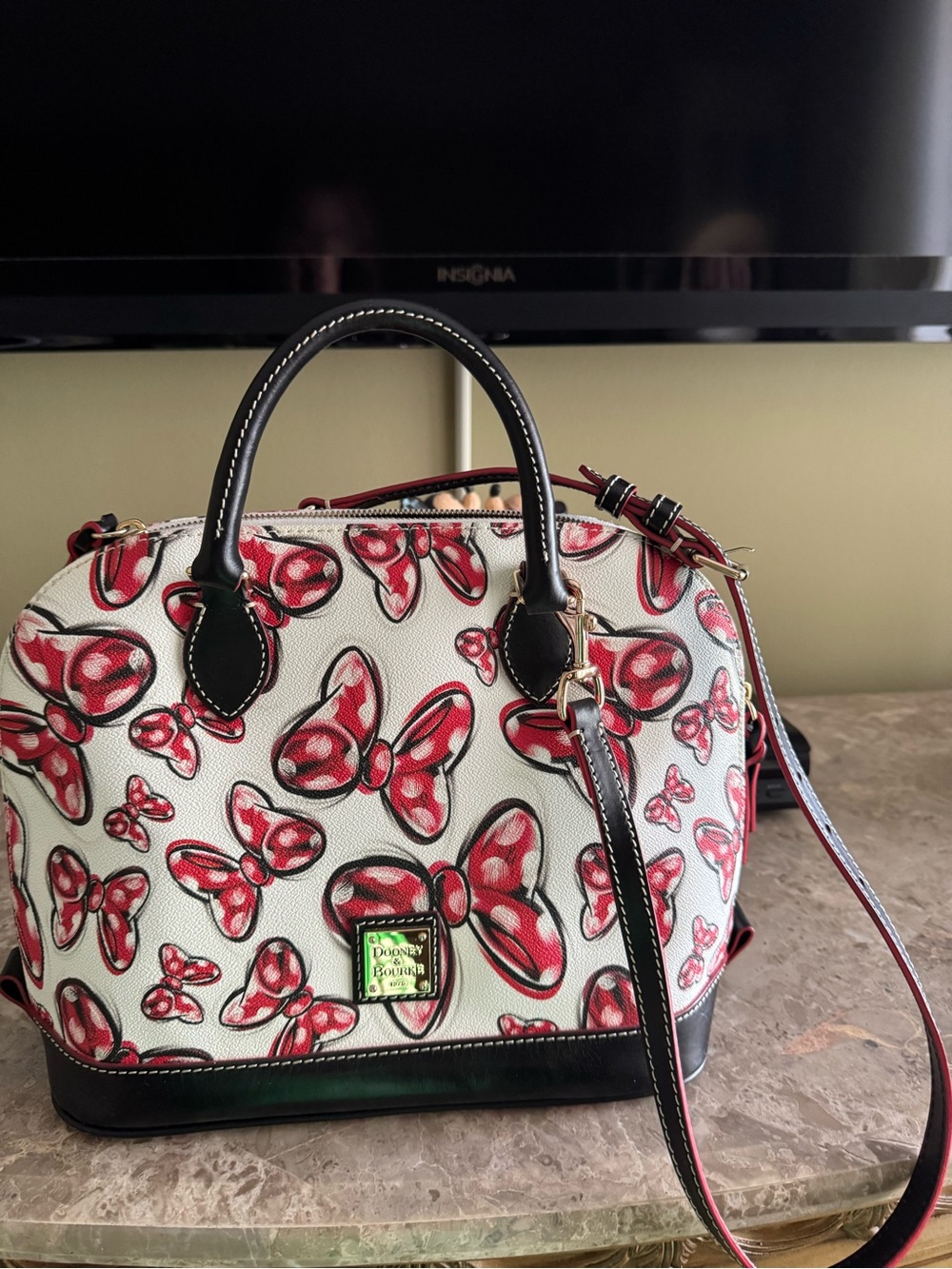 Dooney & Bourke White Satchel with Red Bow Print and Black Trim